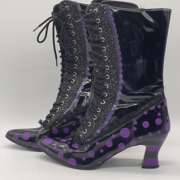 Funtasma Black Patent Purple Polka Dot Lace Up Boots Goth Cosplay Witch Sz 11.5 - Picture 4 of 9